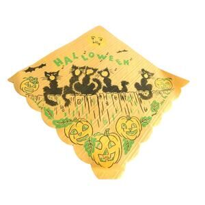 Vintage Halloween Crepe Paper Napkin Black Cats Pumpkins SET OF 3